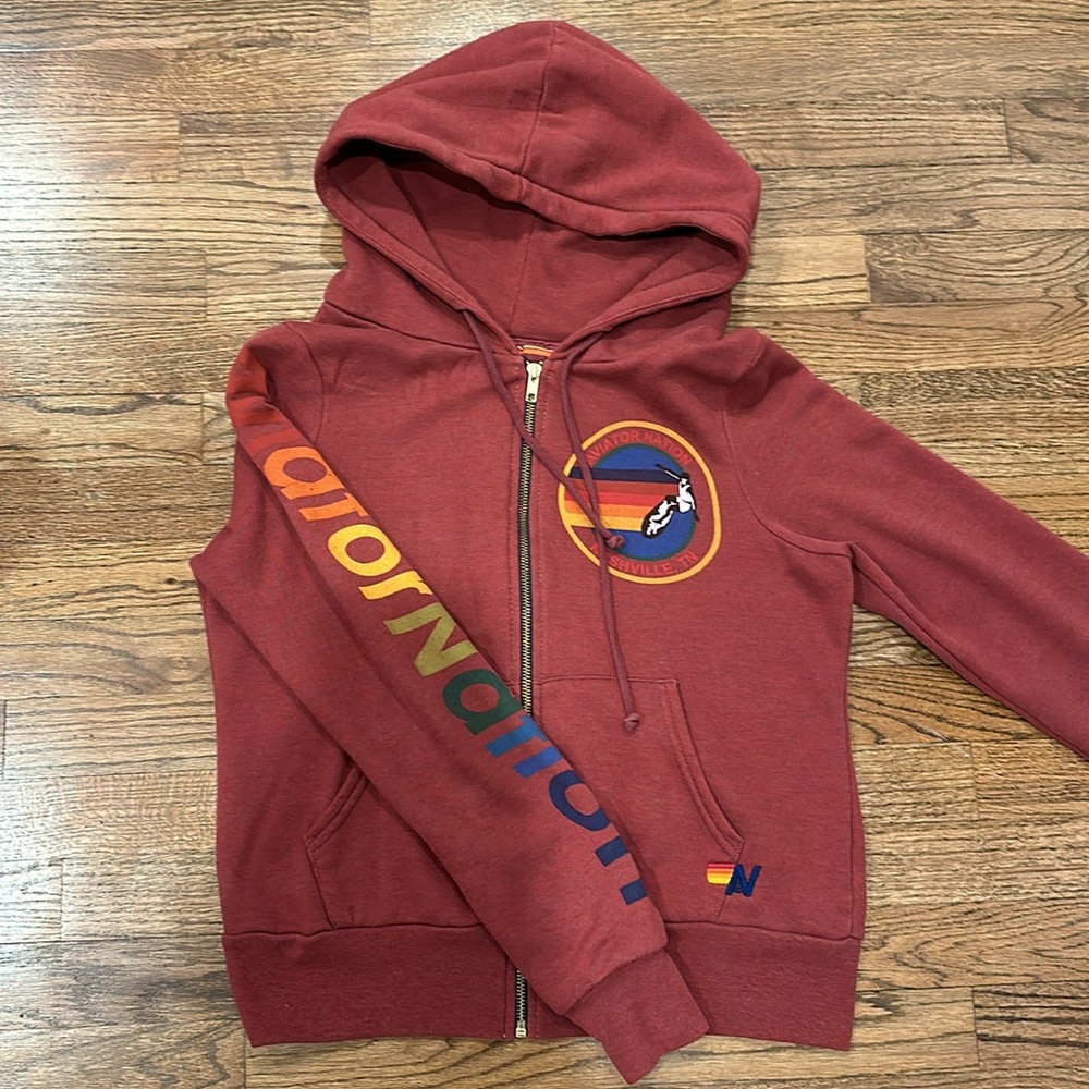 Aviator Nation Logo Zip Up Hoodie Color: Burgundy/Red Size: XS